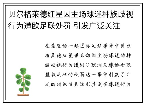 贝尔格莱德红星因主场球迷种族歧视行为遭欧足联处罚 引发广泛关注