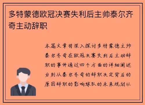 多特蒙德欧冠决赛失利后主帅泰尔齐奇主动辞职