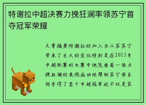 特谢拉中超决赛力挽狂澜率领苏宁首夺冠军荣耀 特谢拉中超决赛力挽狂澜率领苏宁首夺冠军荣耀